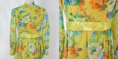 Vintage 60s 70s Sheer Floral Maxi Party Dress XS S