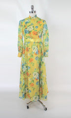 Vintage 60s 70s Sheer Floral Maxi Party Dress XS S