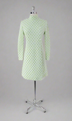 Vintage 60s Green & White Diamond MOD A-Line Dress M