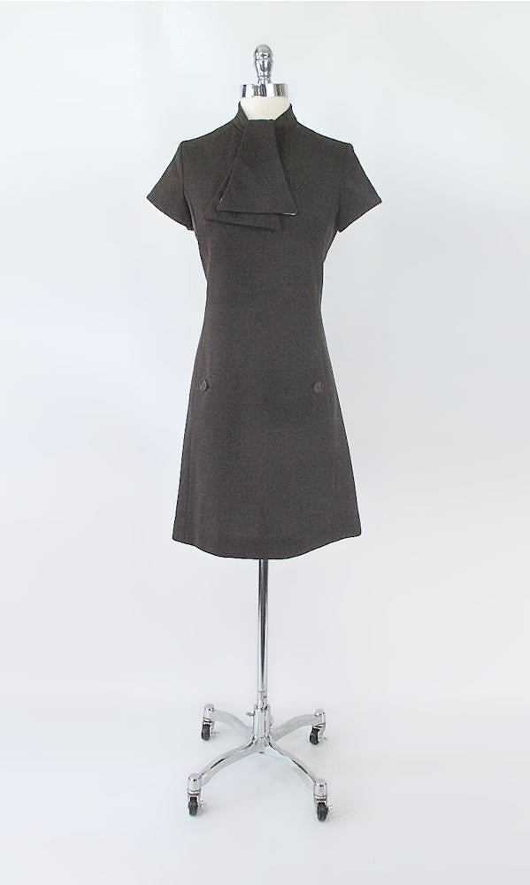 Vintage 60's Brown Mod Blue Ascot Shift Dress S