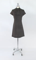 Vintage 60's Brown Mod Blue Ascot Shift Dress S