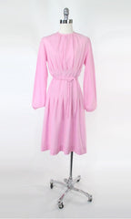Vintage 70s Pink Pleated Midi Party Dress S/M