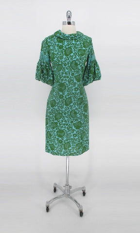 Vintage 60s Green & Blue Puff Sleeve Jacquard Sheath Dress