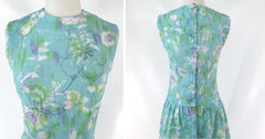 vintage 60s button back party day dress drop waist full skirt flowers button back