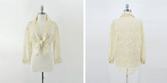 Vintage 70s Antique White Button Up Lace Blouse M