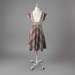 Vintage 70s Bohemian Paisley Eyelet Midi Dress S