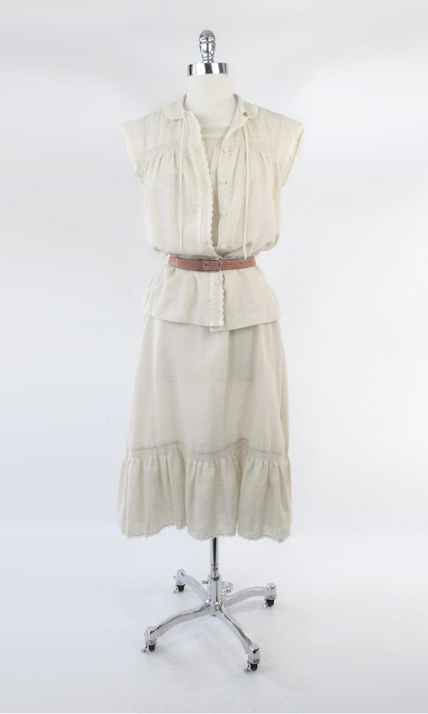 Vintage 70s Soft Tan Dress & Matching Lace Top Set M