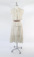 Vintage 70s Soft Tan Dress & Matching Lace Top Set M