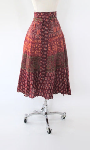 Vintage 70s Block Print Indian Cotton Wrap Skirt M