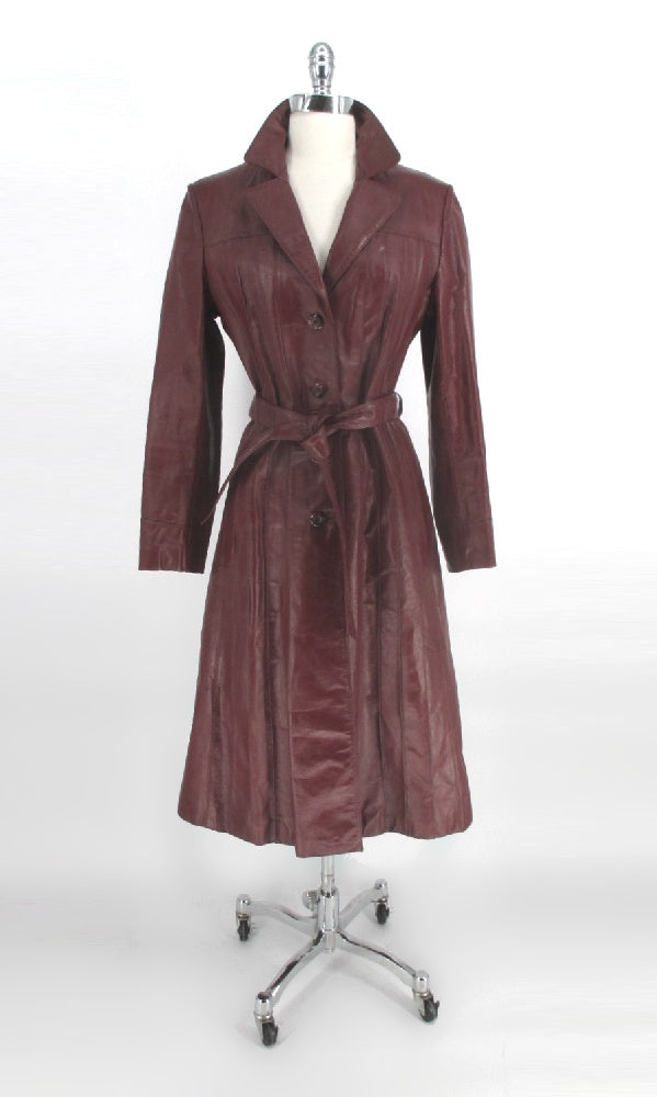 Vintage 70s Oxblood Leather Trench Coat S - Bombshell Bettys Vintage