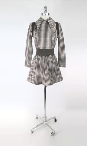 Vintage 60s 70s Brown Plaid Top & Mini Skirt Set S
