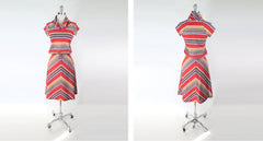 Vintage 70s Red Chevron Stripe Top & Skirt Set XS