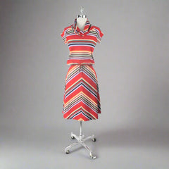 Vintage 70s Red Chevron Stripe Top & Skirt Set XS
