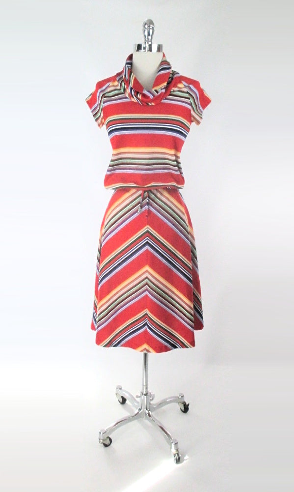 Vintage 70s Red Chevron Stripe Top & Skirt Set XS