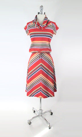 Vintage 70s Red Chevron Stripe Top & Skirt Set XS