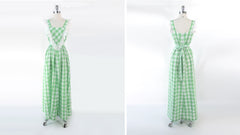 vintage 70s apple green white gingham maxi prairie country party dress bombshell bettys vintage full