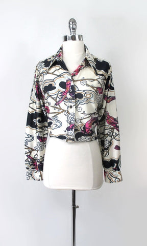 Vintage 70s Womens Silky Nylon Pink Bird Shirt / Top L