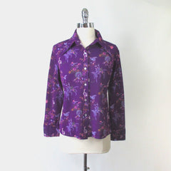 vintage 70s dagger collar women's purple bird disco blouse top shirt medium large polyester bombshell bettys vintage front