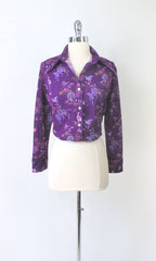 vintage 70s dagger collar women's purple bird disco blouse top shirt medium large bombshell bettys vintage gallery