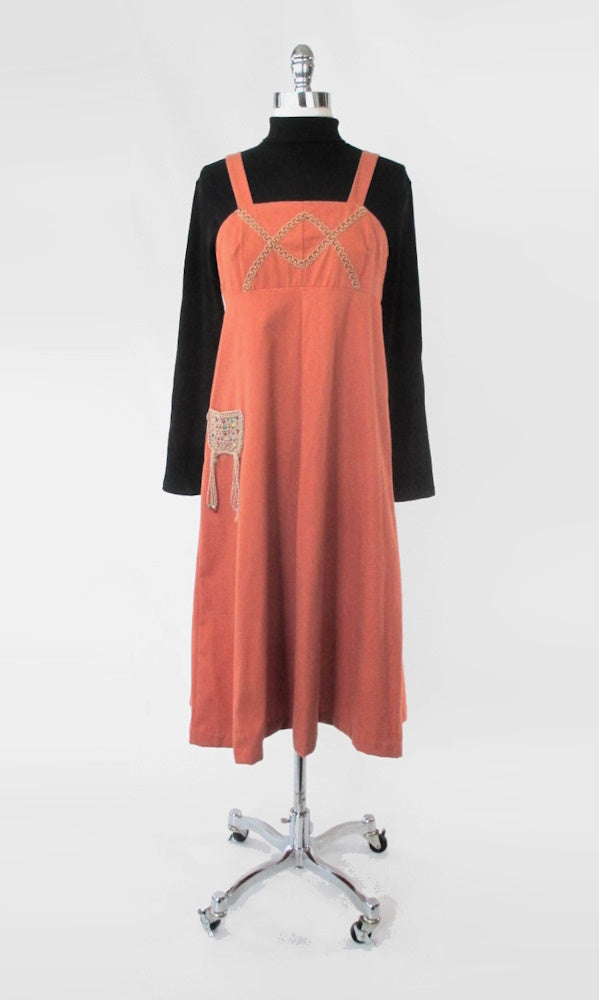 Vintage 70s Corduroy Macrame Pocket Jumper Dress S Vintage 70s Corduroy Macrame Pocket Jumper Dress S