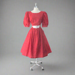 Vintage 80s Red White Polka Dot Full Skirt Party Dress New Old Stock