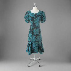 Vintage 80s Puff Sleeve Ruffle Hem Hawaiian Dress M