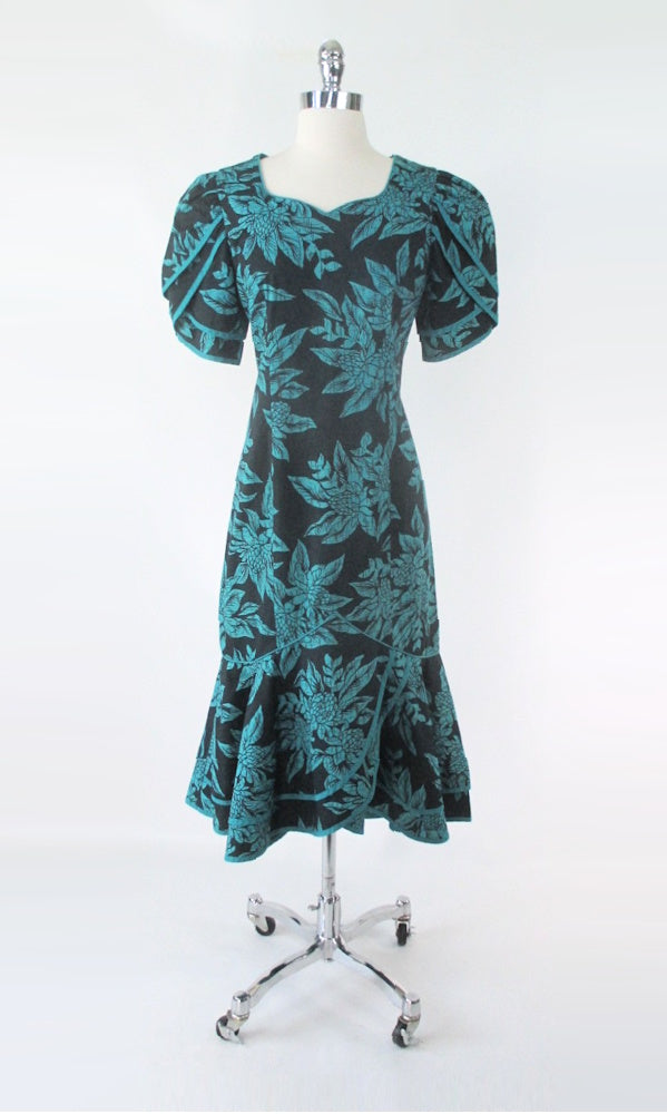 Vintage 80s Puff Sleeve Ruffle Hem Hawaiian Dress M