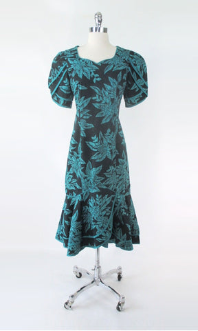 Vintage 80s Puff Sleeve Ruffle Hem Hawaiian Dress M