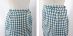 Vintage 60s 50s Blue Gingham Pencil Skirt S