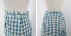 Vintage 60s 50s Blue Gingham Pencil Skirt S