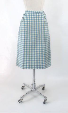 Vintage 60s 50s Blue Gingham Pencil Skirt S
