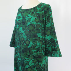 Vintage 60s Green Roses Maxi Lounge Dress | Gown M