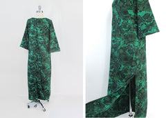 Vintage 60s Green Roses Maxi Lounge Dress | Gown M