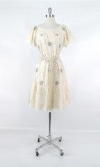 Vintage Antique White Embroidered Mexican Dress One Size