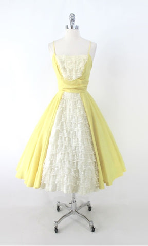 Vintage 50s Sunny Yellow & Lace Lilli Diamond Party Dress XS