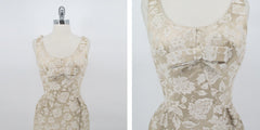 Vintage 60s 50s Champagne Jacquard Sheath Party Dress XS