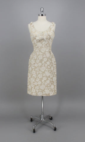 Vintage 60s 50s Champagne Jacquard Sheath Party Dress XS