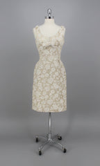 Vintage 60s 50s Champagne Jacquard Sheath Party Dress XS