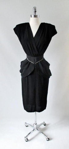 Vintage 80's Goes 40's Black Peplum Dress & Matching Rhinestone Belt XS