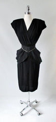 Vintage 80's Goes 40's Black Peplum Dress & Matching Rhinestone Belt XS - Bombshell Bettys Vintage