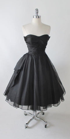 • Vintage 50's Black Organdy Strapless Petal Bust Party Dress