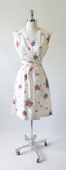 Vintage 70's Natural Cotton Red Blue Flower Day Dress M - Bombshell Bettys Vintage