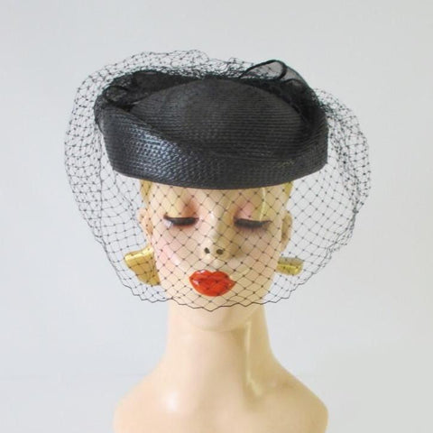 Vintage 80's Black Straw Pillbox Hat Big Bow Netted Veil