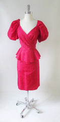 Vintage 80's Red Moire Taffeta Puff Sleeve Peplum Sheath Dress M - Bombshell Bettys Vintage