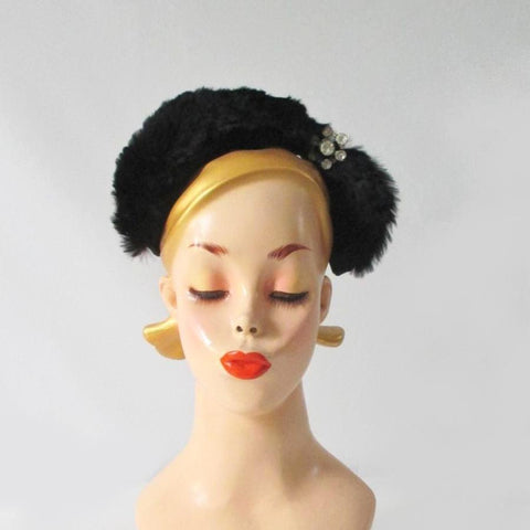 Vintage 50's Black Velvet & Fur Headband Hat