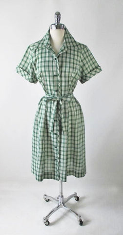 • Vintage 50s 60s Green Plaid Casual Day Dress L / XL