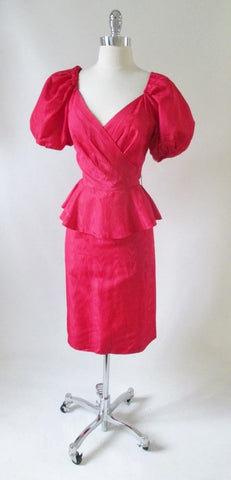 Vintage 80's Red Moire Taffeta Puff Sleeve Peplum Sheath Dress M