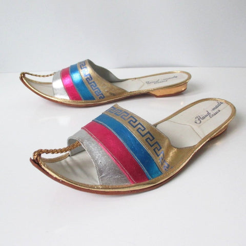 Vintage Greek Shimmering Gold Teal Pink Sandals Shoes Flats 6