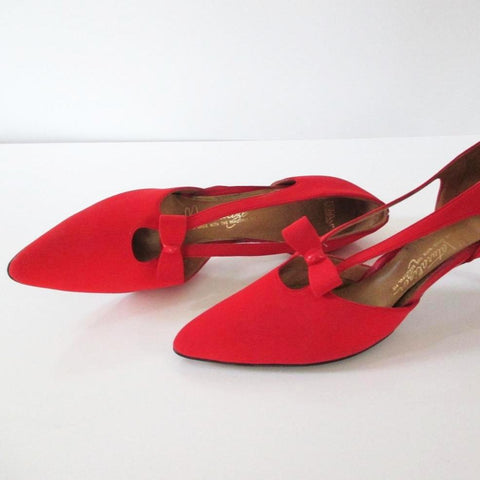 Vintage 50's 60's Red Heels Bow Accent Pumps Shoes 10 N