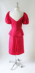 Vintage 80's Red Moire Taffeta Puff Sleeve Peplum Sheath Dress M - Bombshell Bettys Vintage